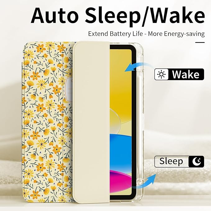 Case for iPad 11th Generation A16 Chip (2025), iPad 10th Generation (2022) Case Yellow Floral, Protective Slim Clear Back Cover with Pencil Holder, Trifold Sturdy Stand, Composition Book