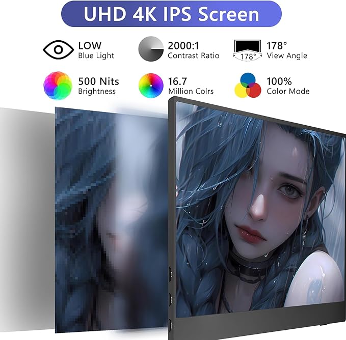 4K Portable Monitor, 15.6 Inch Screen Extender 3240×2160 UHD, 500 Nits 100% sRGB with 45° Adjustable Stand, HDMI & USB-C Computer Display for Travel Monitor Laptop & PC Mac Phone PS4 PS5 Switch