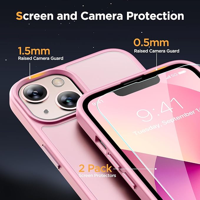 Miracase Magnetic for iPhone 13 Case 6.1 inch (Compatible with MagSafe)（with 2X Screen Protectors） Military-Grade Protection, Anti-Fingerprint Translucent Matte Phone Case Cover, Mes Pink