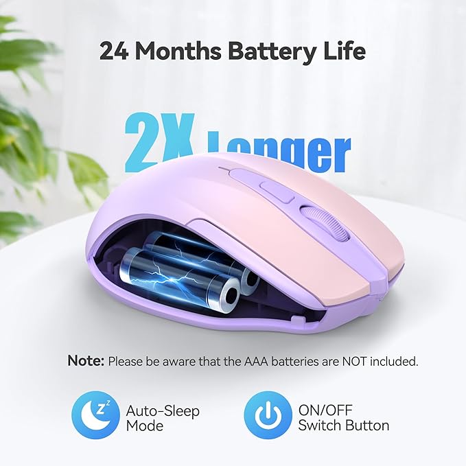 TECKNET Wireless Mouse, 2.4G Ergonomic Optical Mouse, Computer Mouse for Laptop, PC, Computer, Chromebook, Notebook, 6 Buttons, 24 Months Battery Life, 2600 DPI, 5 Adjustment Levels, Gradient Lavender