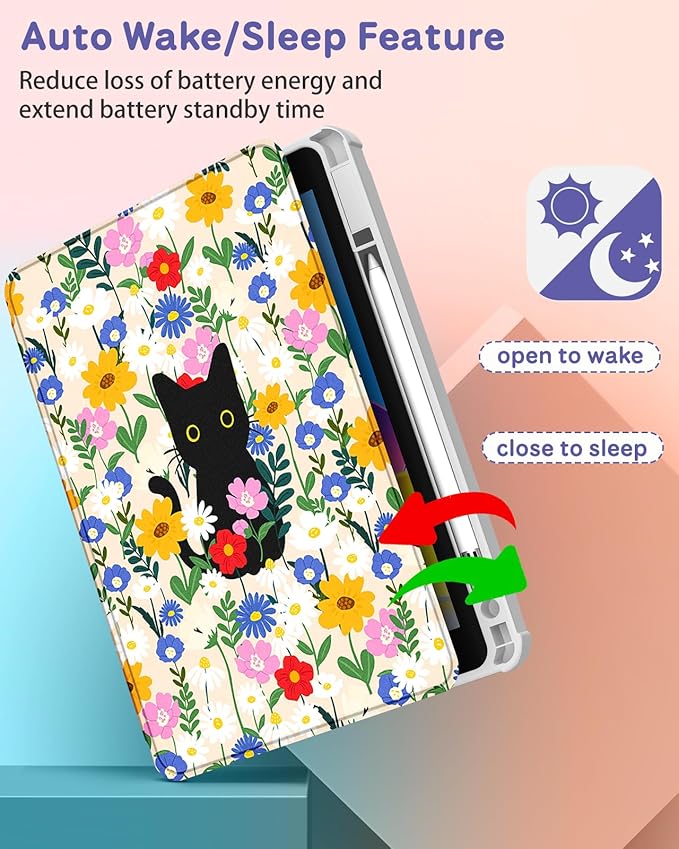 Uppuppy for iPad Air 13 inch Case(Air M4 2026/M3 2025/M2 2024), for iPad Pro 12.9 Case(6th/5th/4th/3rd/2nd/1st Gen) - 360 Rotating Smart Folio Cover with Pencil Holder for Women Girls, Cat & Flowers