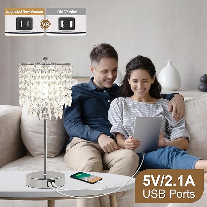Crystal Table Lamp Set of 2 Touch Control, Crystal Lamps with USB Ports Elegant Shade Bedside Lamp Silver, Dimmable Touch Table Lamp for Nightstand Bedroom Living Room, 4W LED Bulb Included
