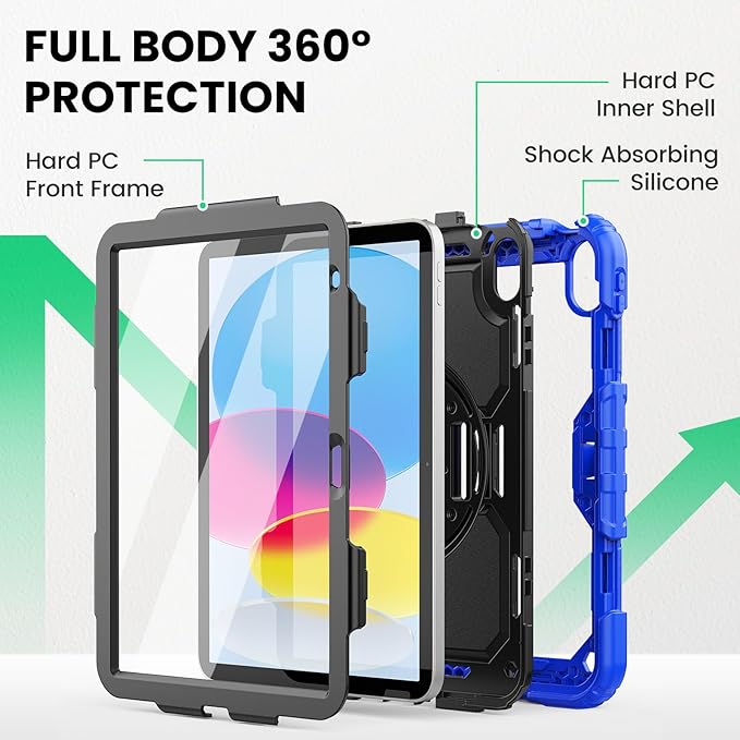 SEYMAC Case for iPad (A16) 11th/10th Generation 2025/2022 (11″/10.9″), Sturdy Heavy Duty Full-Body Shockproof Protective Case with Screen Protector, Rotating Stand, Hand/Shoulder Strap, Black/Blue