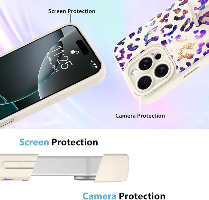 KANGHAR Compatible with iPhone 16 Pro Max Case, Support for MagSafe, Silicone Cute Iridescent Leopard Cheetah Pattern, Wristband Kickstand Shockproof Protective Slim Cover for Women Girls, White