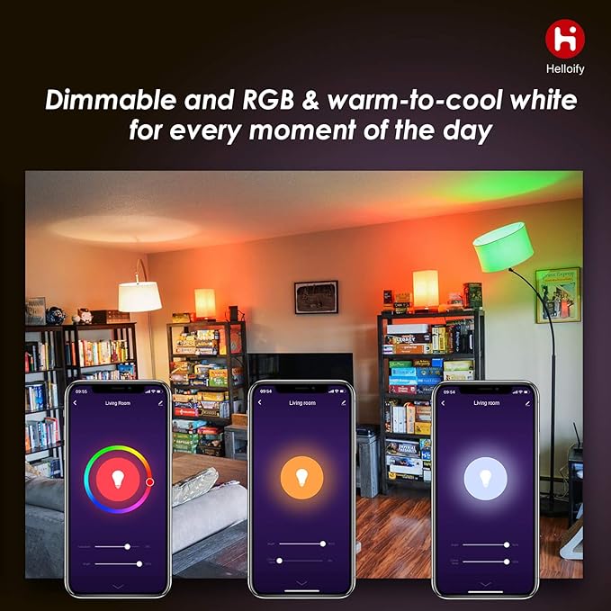 Helloify A19 Smart WiFi LED Light Bulbs, RGBCW Multi-Color Changing, Warm to Cool White Dimmable, Compatible with Alexa & Google Home (No Hub), 60W Equivalent E26, RGB+2700K-6500K, 2 Count