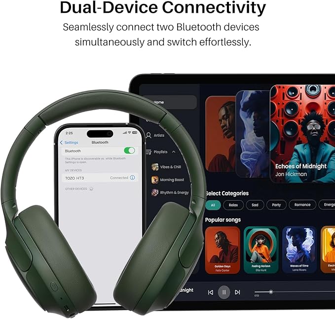 TOZO HT3 Hybrid Noise Cancelling Headphones, 90H Battery Life Wireless Over Ear Bluetooth 6.0 Foldable Headset, AI Voice Assistant with 5 Mics, Connect 2 Devices and Hi-Res Sound, 32 EQ Audio Presets