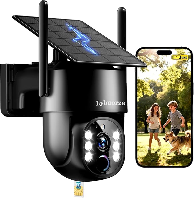 Black 4G LTE Solar Security Camera Outdoor, No WiFi/Internet Needed, 4MP Full Color Night Vision, 360° View, Built-in SIM, AI Motion Alarm, 2-Way Talk for Backyard/Driveway