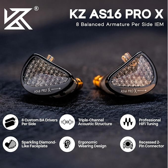 KZ AS16 PRO X in Ear Monitor, 16BA HiFi Wired Earbuds, Professional IEM Earphones with Precision Electronic Crossover, Sparkling Diamond-Like Design for Musician Audiophiles (with Mic)