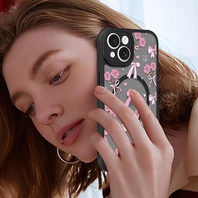 KANGHAR Case Compatible with iPhone 15 Bows Bouquet Pattern [Compatible with Magsafe] Cute Flowers Florals Protective Magnetic Case for Girls Women Men