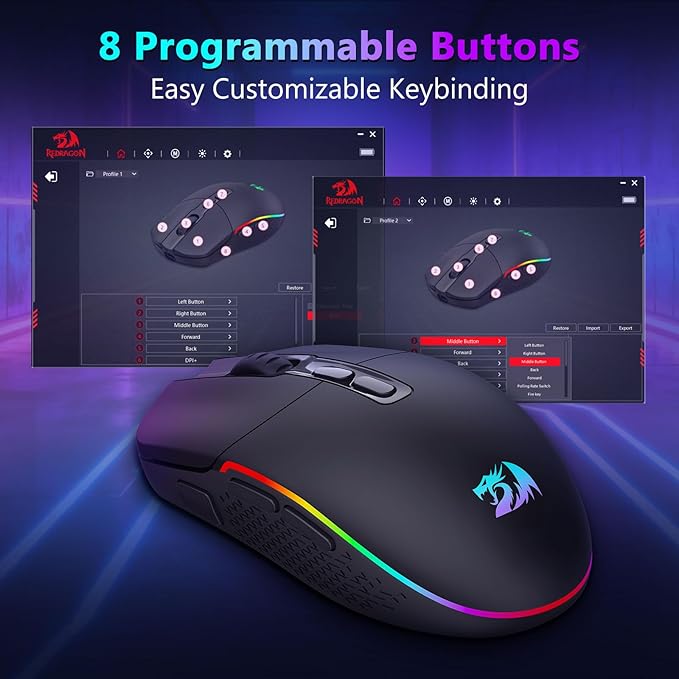 Redragon Wireless Gaming Mouse, Bluetooth/2.4Ghz/USB-C Wired RGB Backlit Gamer Mouse, 24000 DPI, Fully Programmable, Rapid Fire Key, Rechargeable Computer Mouse for Laptop PC Mac, Black