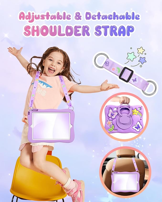 Kidcube for iPad 5th/6th Generation Case, for iPad Air 1st/2nd Gen, for iPad Pro 9.7 Inch Case - Girls Cute Kawaii Girly 3D Purple Butterfly Design Cover with Rotating Stand & Strap Silicone Women