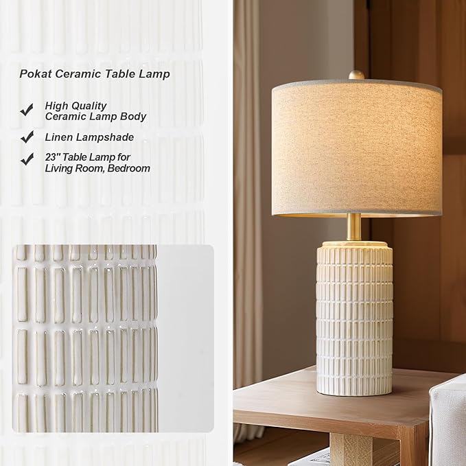 PoKat 23'' Bedside Table Lamp for Bedroom Nightstands, Birthday Gifts for Women Mom, House Warming Gifts New Home Decor, Ceramic Lamp for Living Room, White Modern Bedroom Lamp