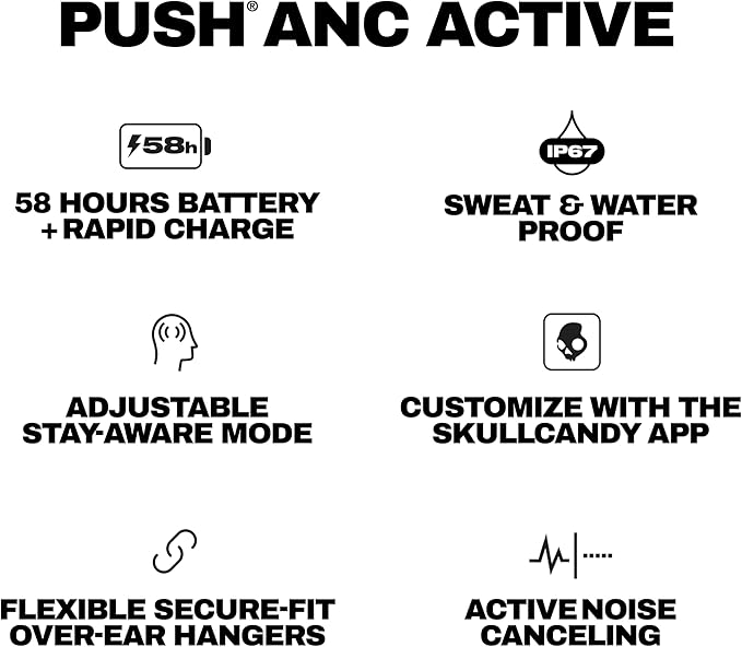 Skullcandy Push ANC Active Wireless Earbuds, Bluetooth Headphones, Noise Cancelling, 58 Hours Battery, Secure-Fit Over-Ear Hanger, Sweat and Waterproof, Microphone for iPhone Android - Black/Orange