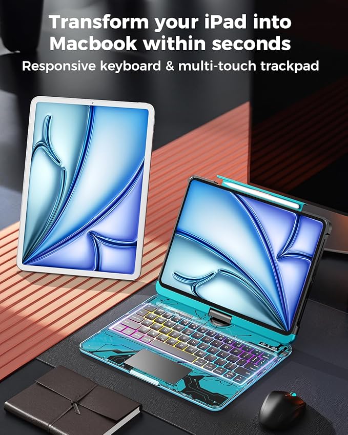 TSQQST Clear Keyboard Case for iPad Air 11 Inch (M4/M3/M2, 2026/2025/2024)/ iPad Air 5th/4th Generation 10.9" / iPad Pro 11" 1st/2nd/3rd/4th, Trackpad, Pencil Holder, 7-Color Backlit, Rotatable, Blue