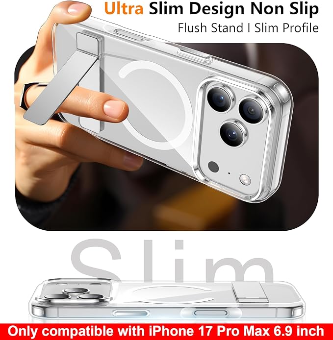 SPIDERCASE Magnetic for iPhone 17 Pro Max Case,with [3 Stand Ways] [Military Grade Drop Protection] with Invisible Stand Shockproof Slim Case for iPhone 17 Pro Max 6.9 inch,Clear