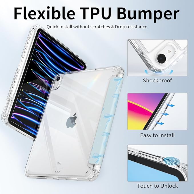 Case for iPad 11th Generation A16 Chip (2025), iPad 10th Generation (2022) Case Blue Bow, Protective Slim Clear Back Cover with Pencil Holder, Trifold Sturdy Stand, Composition Book