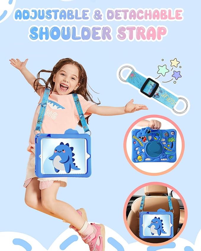 Boaretiu for iPad 6th/5th Gen Case, for iPad Air 2nd/Air 1st/Pro 9.7 inch 2016 Case - Cute Cartoon Silicone Cover with Adjustable Shoulder Strap & Rotating Stand for Kids Boys Girls, Blue Dinosaur