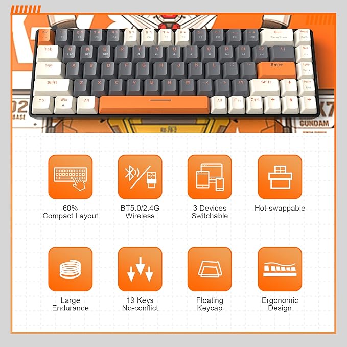 MAGIC-REFINER RK68 60% Wireless Mechanical Keyboard, Bluetooth 5.0/2.4GHz with Dual Mode 2-in-1 Receiver, Compact 68-Key Hot Swappable Gaming Keyboard, Linear Red Switch for PC Mac Xbox Smartphone