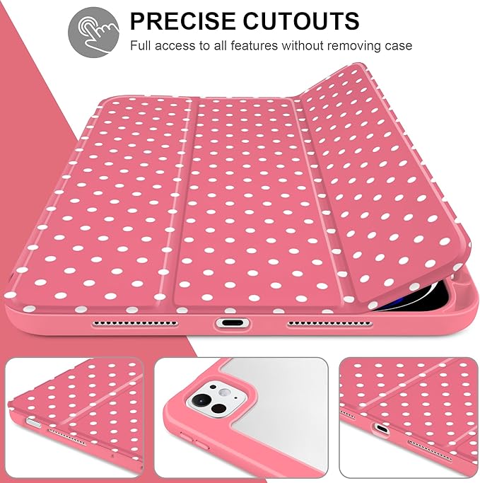 Case for iPad Pro 11 Inch (M5 2025 M4 2024) – [Built-in Pencil Holder], Shockproof & Stylish, Clear Hard Back + Soft TPU Edge, Magnetic Trifold Stand, Auto Wake/Sleep, Rose red White dot