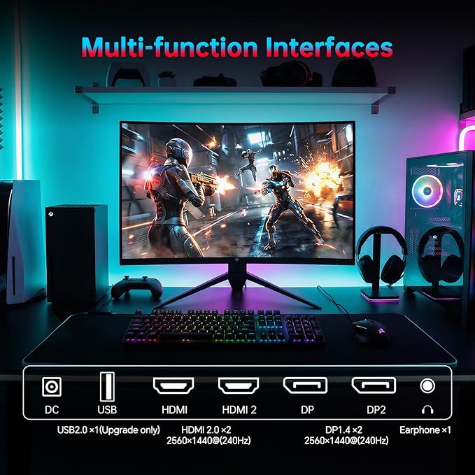 KTC 27 Inch 240Hz Curved Gaming Monitor, 2K QHD 2560x1440P Computer Monitor with 1000R, 2500:1 Contrast, Adaptive Sync, DP 1.4, HDMI 2.0, VESA, Tiltable, H27S25E