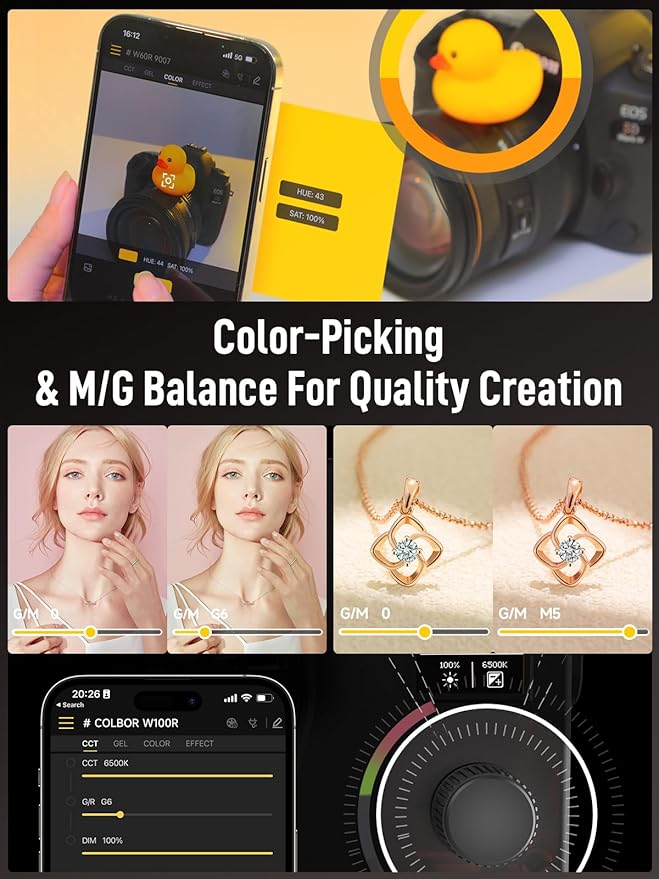 Video Light, COLBOR W100R RGB COB Continuous Output Lighting 100W 2700-6500K Full Color LED Studio Light CRI97+ TLCI98+ with APP Control for Photography