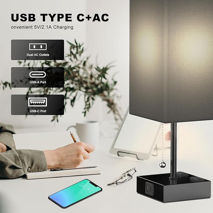 YIDPU Table Lamp for Bedroom with USB,Bedside Lamp with USB C+A Charging Ports,Adjustable 3color LED Light for Home Decor/Nightstand/Office,Included Bulb and Fabric Lamp Shade (Linen Black, 1PCS)