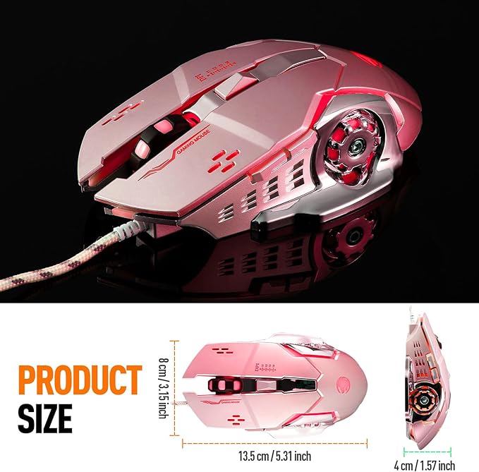 Guiheng Wired Gaming Mouse, Optical USB Mice for Laptop/Desktop, 1200 to 3600 and RGB Light, Ergonomic with 6 Programmable Buttons for Computer Windows 7/8/10/XP Vista Linux Chromebook PC(Pink)