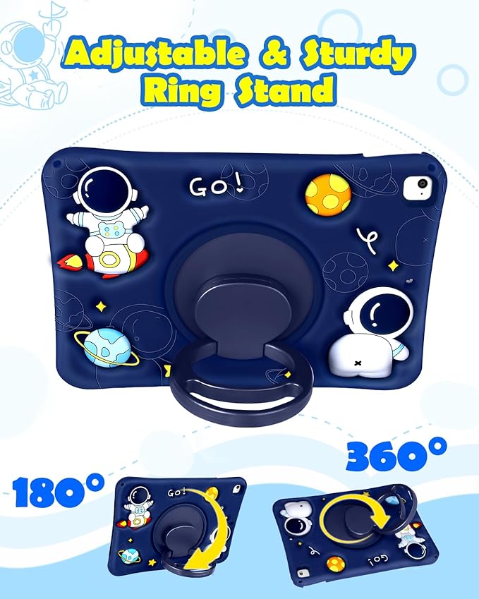 Wazzasoft for iPad 6th Generation/iPad Air 2/Pro 9.7 Inch Case Boys Cute Astronaut Cover Kawaii 3D Cartoon Rotating Handle Stand+Strap Silicone Funda for Apple iPad Cases 6th Gen/ Air2/ Pro9.7