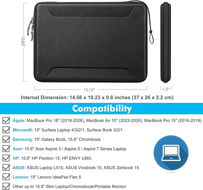Fintie 13-14 Inch Laptop Sleeve Case for MacBook Neo A3404 A18 Pro, MacBook Air 13.6 M5 M4 M3 M2 M1, MacBook Pro 14 M5 M4 M3 M2, MacBook Pro/Air 13, iPad 12.9-13 - Shockproof EVA Carrying Bag, Black
