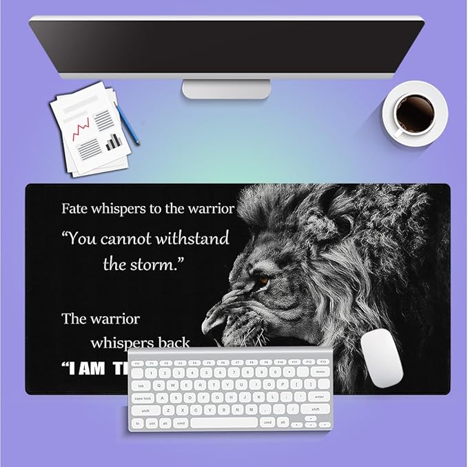 Large Gaming Mouse Pad (31.5" x 15.8")- Majestic Roar of a Lion Inspirational Quotes Warrior Whispers to Fate I am The Storm, Extra XXL Office Accessories, Premium Stitched Anti-Slip Desk Mat