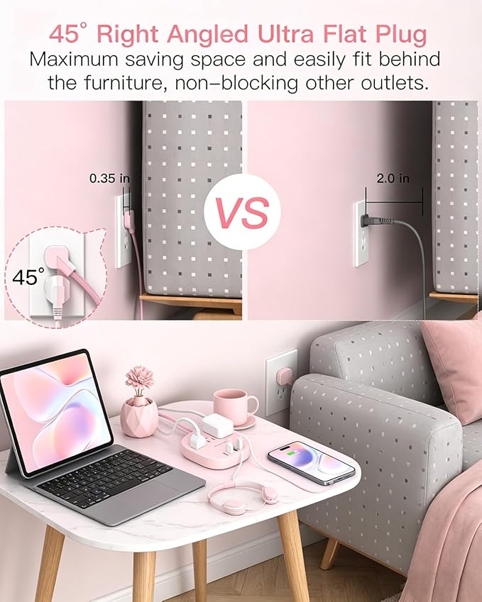 Cruise Ship Travel Essentials, 22.5W/4.5A Flat Plug Power Strip, 6Ft Extension Cord, 3 Outlets 4 USB Ports (2 USB C) Cruise Approved Power Strip No Surge Protection, Desktop Charging Station, Pink