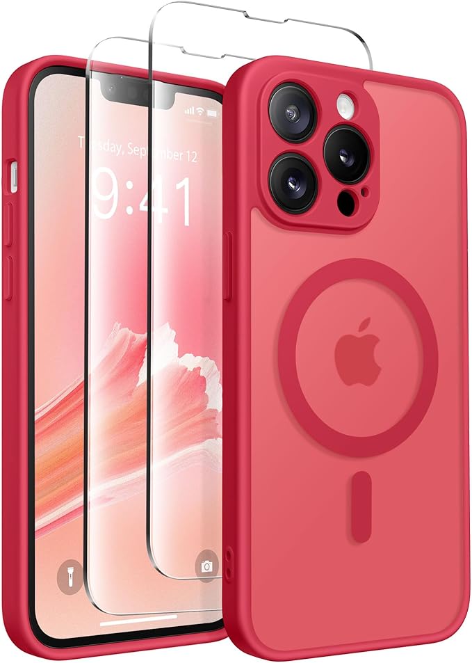 CAPRARO CAPRRO Magnetic for iPhone 13 Pro Max Case, [Compatible with MagSafe] [Full Camera Protection] Shockproof Protective Slim Translucent Matte Phone Case for iPhone 13 Pro Max 6.7'', Red