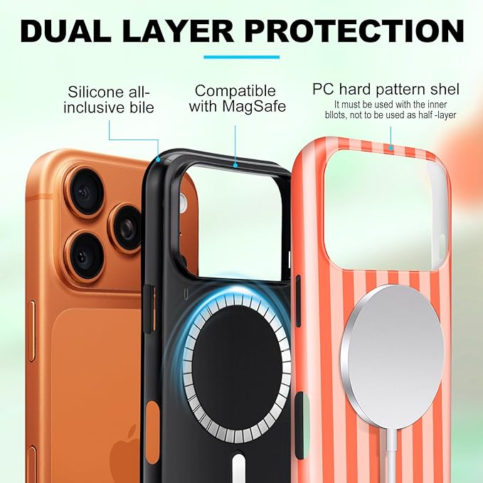 Magnetic for iPhone 17 Pro Max Case Cute Stripes Phone Case, Shockproof Slim TPU and Hard PC Protective Phone Cover Compatible with MagSafe Designed for Women Girls, Deep Orange