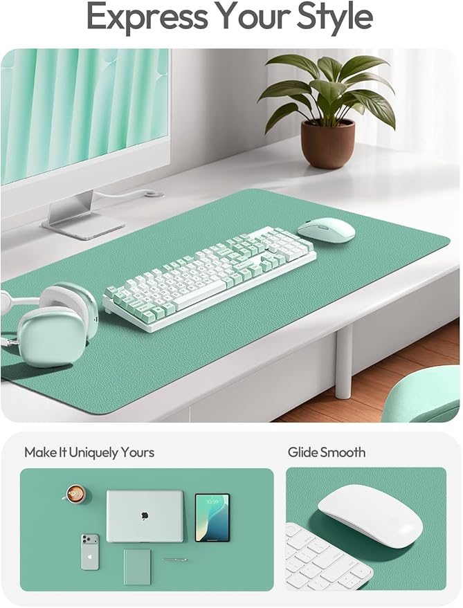 YSAGi Leather Desk Protector, Office Mat, Large Mouse Mat, Non-Slip PU Leather Blotter, Laptop Desk Pad, Waterproof Writing Pad for Office and Home (Green-Blue, 47" x 17")