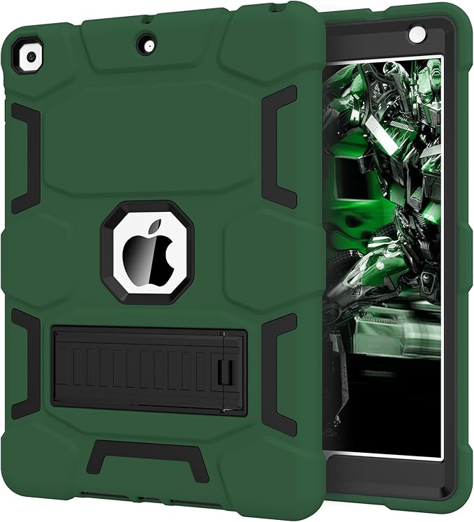 CCMAO for iPad 9th Generation Case, iPad 8th 7th Generation Case, iPad 10.2 Inch 2021/2020/2019 Case, Heavy Duty Rugged Shockproof Protective Cover with Kickstand, Dark Green+Black
