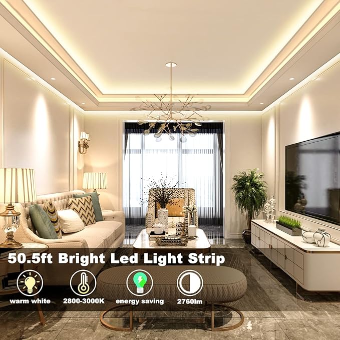 MY BEAUTY LIGHT LED Strip Lights Warm White, 50.5ft Dimmable LED Light Strip with RF Remote, 24v Plug-in Adhesive Rope Lights with Timing Mode for Living Room Bedroom Kitchen