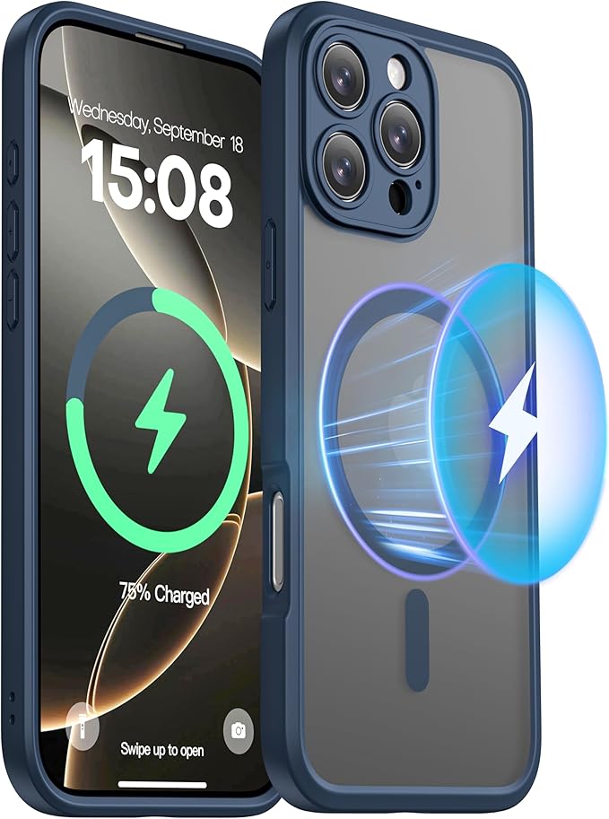 ImpactStrong Magnetic Guard for iPhone 16 Pro Case [Camera Protection] [Military Grade Drop Tested] [Compatible with MagSafe] Slim Translucent Matte Phone Case (6.3") - Navy Blue