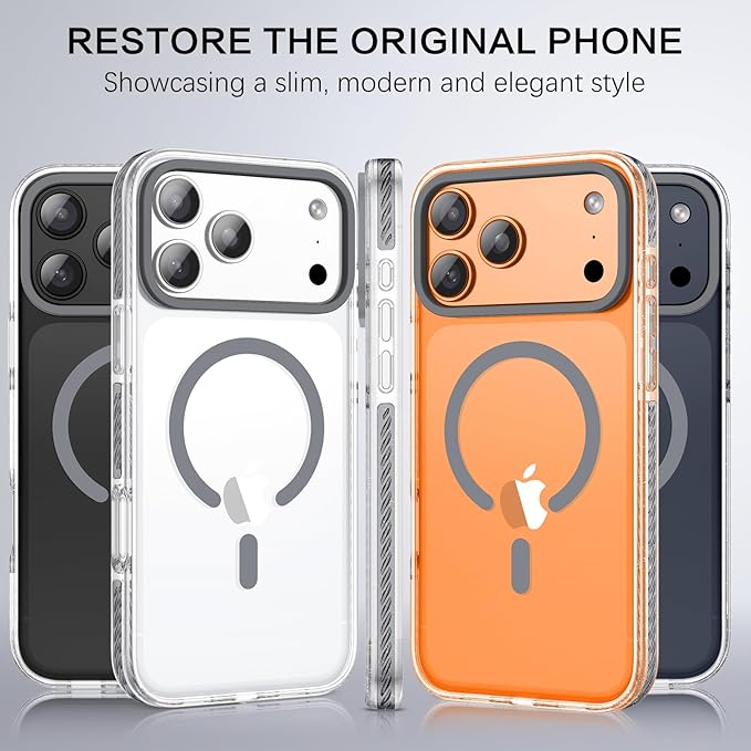 BENTOBEN Magnetic for iPhone 17 Pro 6.3" Case, Compatible with Magsafe Military Shockproof Protective Cute Transparent Slim Anti-Yellowing Phone Case for iPhone 17 Pro Cover, Clear Gray