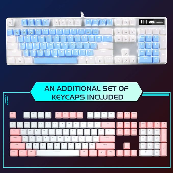 MageGee Mechanical Gaming Keyboard, New Upgraded Blue Switch 104 Keys White Backlit Keyboards, USB Wired Mechanical Computer Keyboard for Laptop, Desktop, PC Gamers(White & Blue)