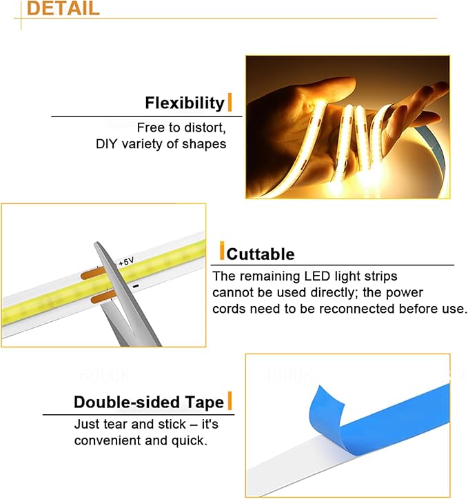 5V USB LED Strip Lights 6.56FT, 3Key COB Light Strip Warm White, Short LED Strip Light, Flexible Bright for Under Cabinet, Kitchen, TV Backlight, Shelves, Displays and TV Lights