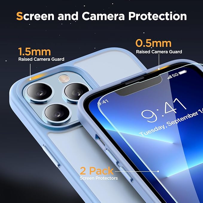 Miracase Magnetic for iPhone 13 Pro Max Case 6.7 inch (Compatible with MagSafe)（with 2X Screen Protectors） Military-Grade Protection, Anti-Fingerprint Translucent Matte Phone Case Cover, Light Blue