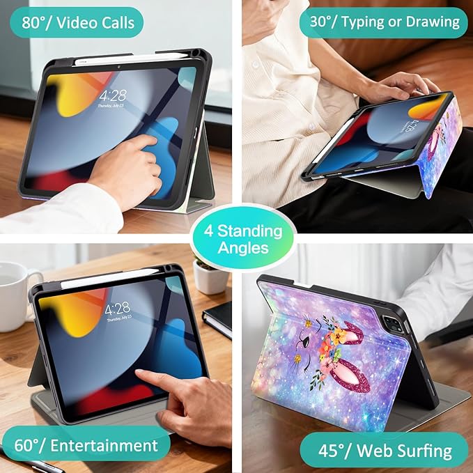 for iPad Air 11-inch Case, iPad Air 5th/Air 4th Gen Case with Pencil Holder for iPad Pro 11 Inch 4th/3rd/2nd/1st Multi-Angle View Adjustable Stand Auto Wake Sleep Galaxy Purple Rabbit