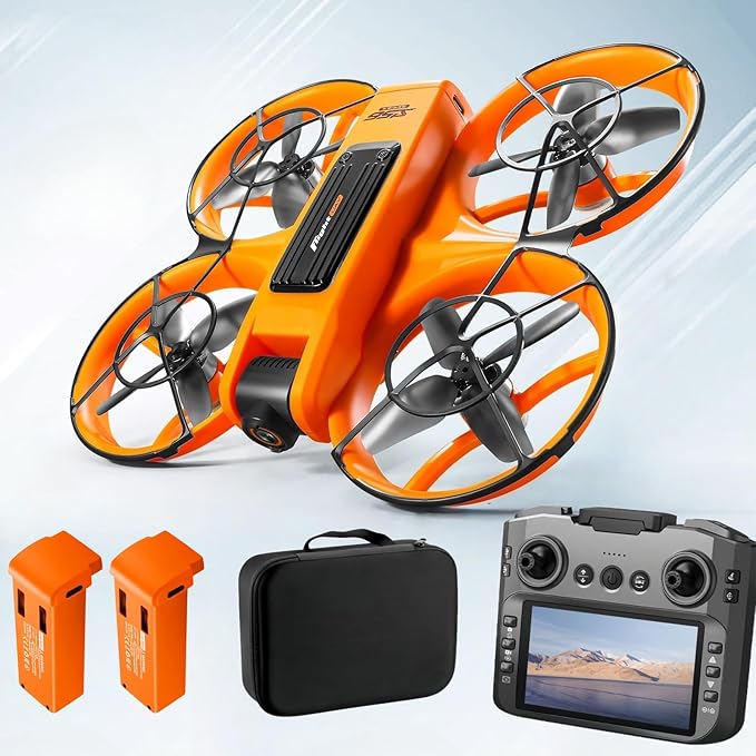 Drone With Large Screen Remote Control (4.92in) , Mini Airplane with Dual Cameras, 2 Batteries, 360° Flips, Full Propeller Guard Protection for Anti-Collision, Brushless Motor, Hovering, Quadcopter with Optical Flow Positioning, RC Helicopter for Adult...