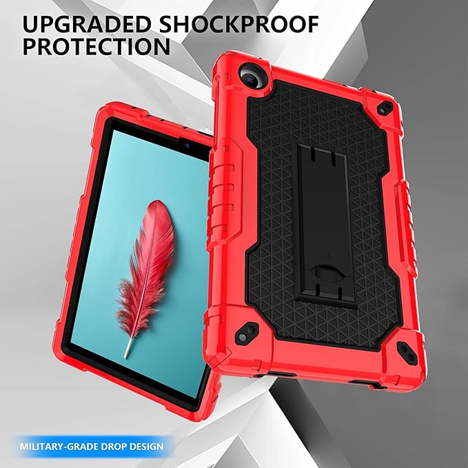 Case for for AT&T Amigo Jr. Tab 8 inch Tablet 9136K - [Built-in Kickstand] Anti Slip Kids Friendly Shockproof Silicone Protective Cover (Red/Black+2 PCS Glass)