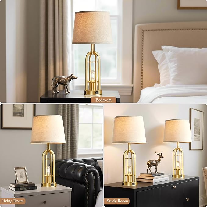 SRJJA Gold Table Lamps for Living Room Set of 2 - Modern Farmhouse Bedside Lamps for Bedroom Night Stands with Nightlight and USB A+C, Industrial Lamp for Living Room End Tables