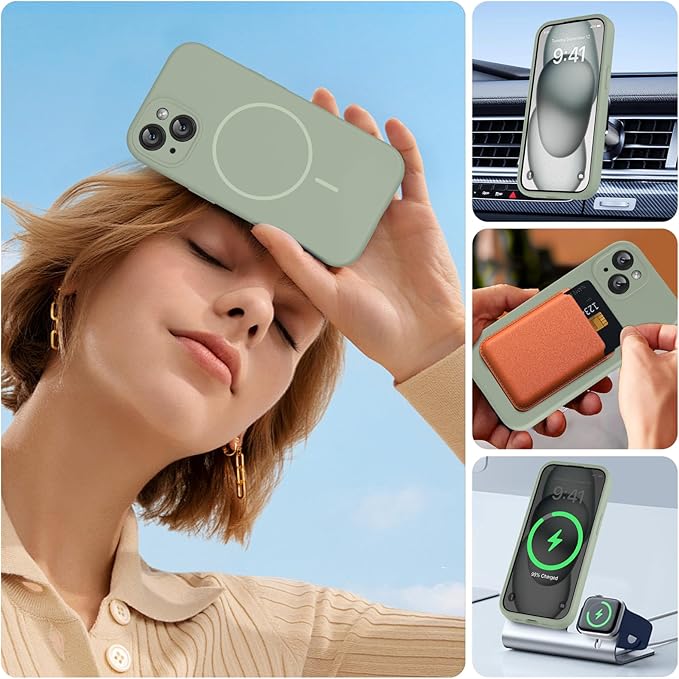 Miracase Magnetic for iPhone 15 Plus Case, [Soft Anti-Scratch Microfiber Lining], Compatible with MagSafe, Liquid Silicone Shockproof Drop Protection Phone Case for 15 Plus, Patina Green