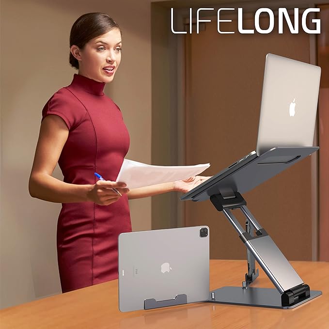 Lifelong Adjustable Laptop Stand for Desk, Ergonomic Aluminum Laptop Riser, Portable Foldable Computer Stand, Height up to 20”, Fits 10-17” Laptops for Desk-Mounted with Phone & Tablet Holder