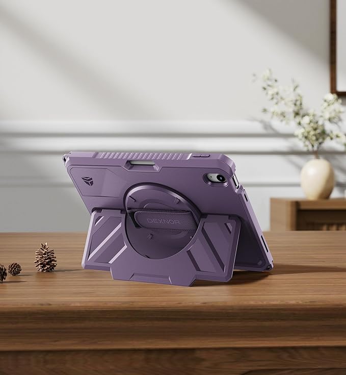 Dexnor Case for iPad (A16) 11th/10th Generation 2025/2022 (11″/10.9″),Rugged Protective Case with 360° Rotating Hand Strap& Stand & Screen Protector & Pencil Holder Shockproof Full-Body Cover, Purple