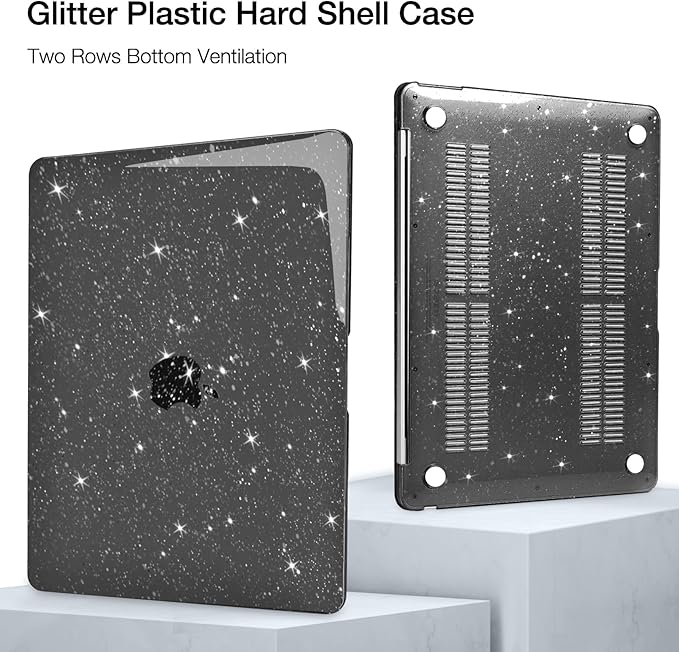 MOSISO Compatible with MacBook Air 13 inch Case 2022 2021 2020 2019 2018 A2337 M1 A2179 A1932, Glitter Plastic Hard Shell&Keyboard Cover&Screen Film&Storage Bag for MacBook Air 13 inch, Black