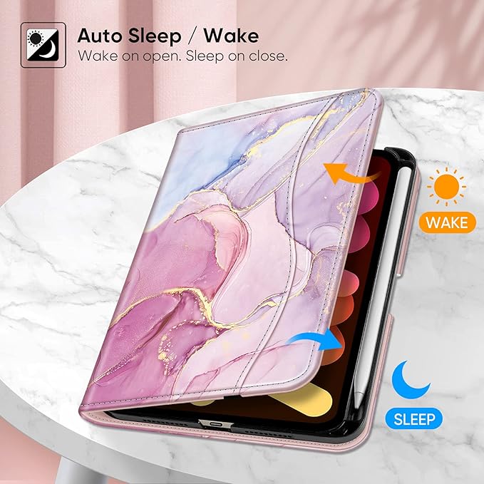 Fintie Folio Case for iPad Mini 7 (A17 Pro, 7th Generation) 2024 / iPad Mini 6 (6th Gen) 8.3 Inch, Multi-Angle Smart Stand Cover with Pencil Holder & Pocket, Auto Sleep/Wake, Dreamy Marble